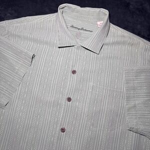 Tommy Bahama Shirt Mens Silk Button Up Bamboo Camp Hawaiian Green Striped Beach